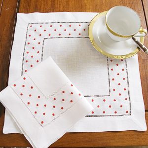 Red Polka Dots Square Linen Hemstitch Placemat