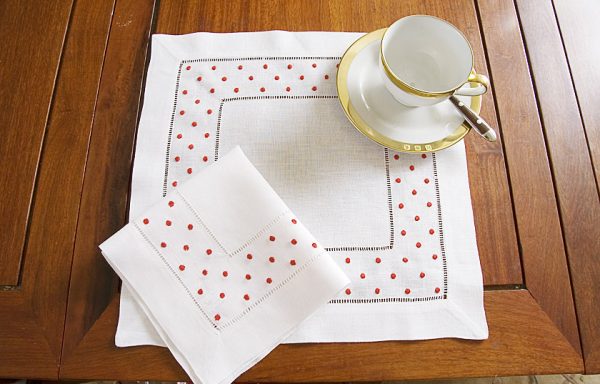 Red Polka Dots Square Linen Hemstitch Placemat