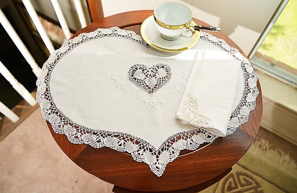 Heart Placemats with Cluny Lace Trimming.